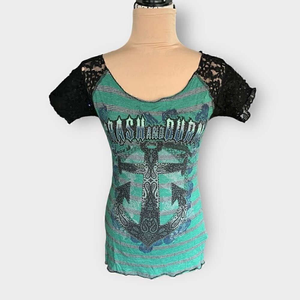 Vintage Crash & Burn Women’s Large Green Black Anchor Shirt Short Sleeve Y2K